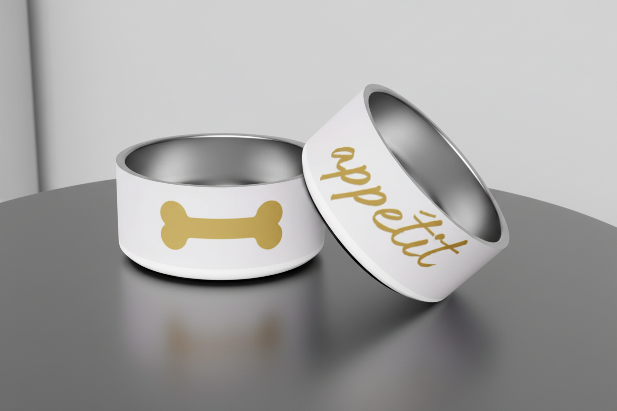 Two dog bowls with a gold bone design and 'appétit' text on a gray surface.