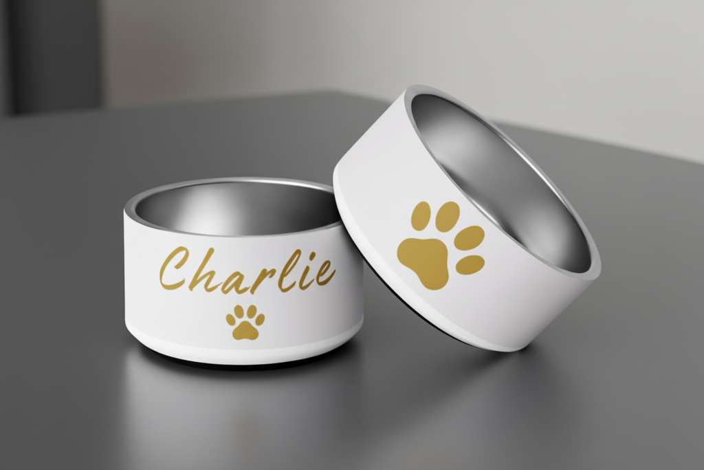 Two white pet bowls with gold paw prints and 'Charlie' text on a gray surface