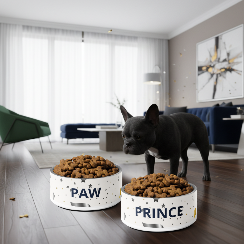 Dog standing next to two food bowls labeled 'PAW' and 'PRINCE' in a modern living room.