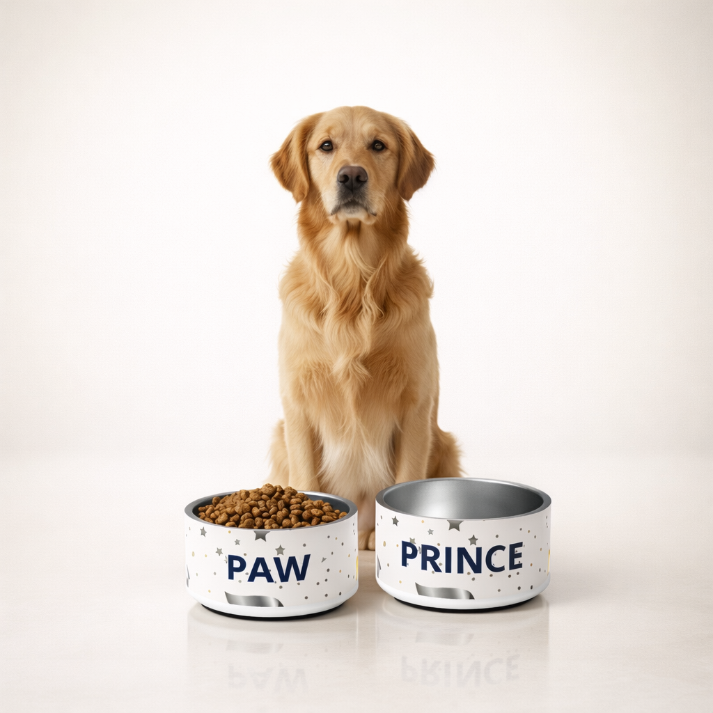 Dog sitting next to two personalized dog bowls with food on a white background