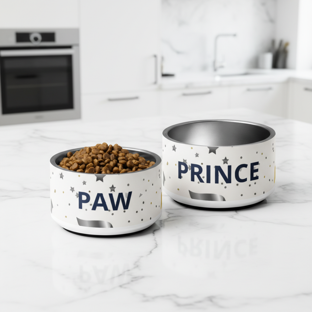 Two pet bowls with 'PAW' and 'PRINCE' printed on them, one containing kibble, on a kitchen counter.