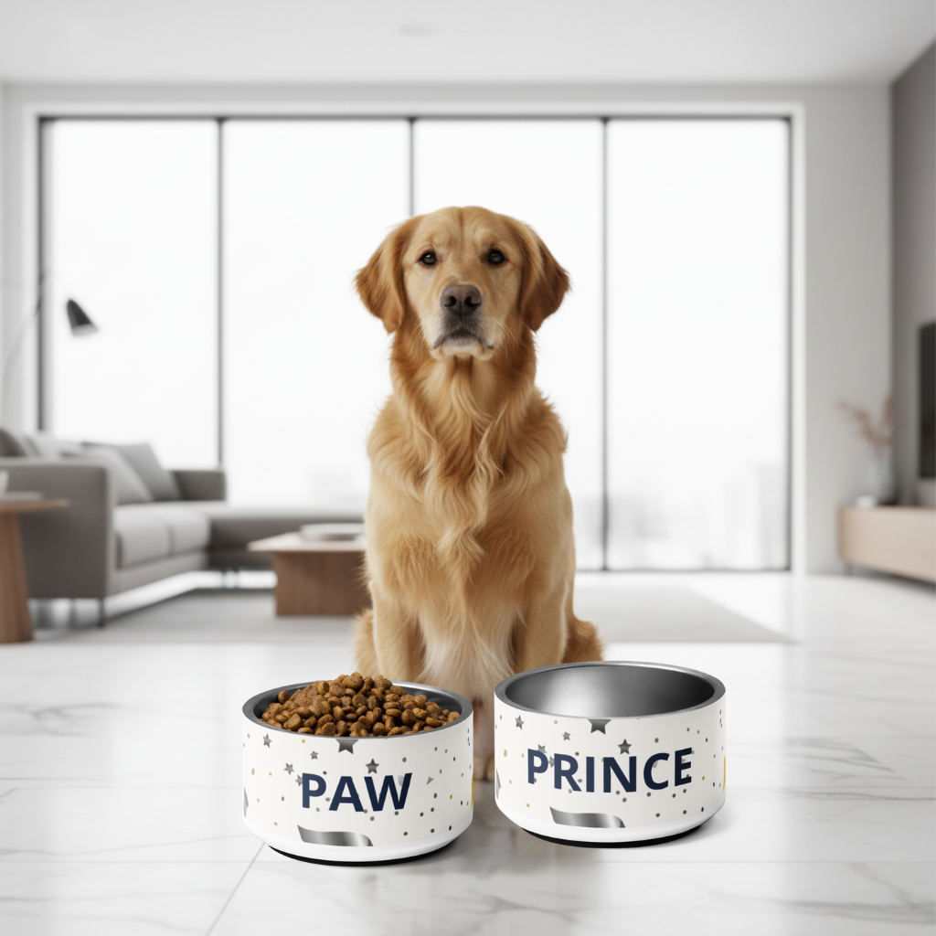 Dog sitting next to two bowls labeled 'PAW' and 'PRINCE' in a modern living room.