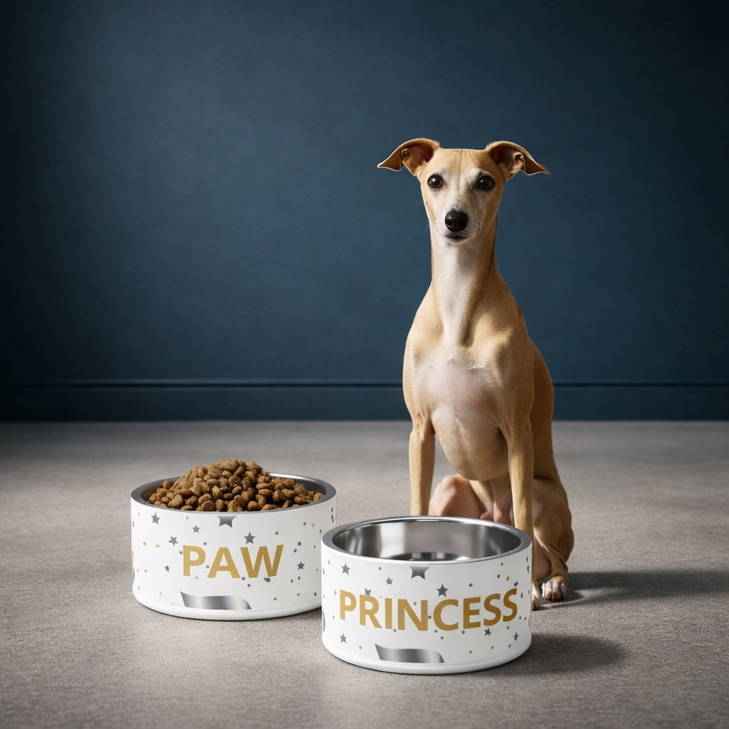 Dog sitting next to two food bowls labeled 'PAW' and 'PRINCESS' on a dark background