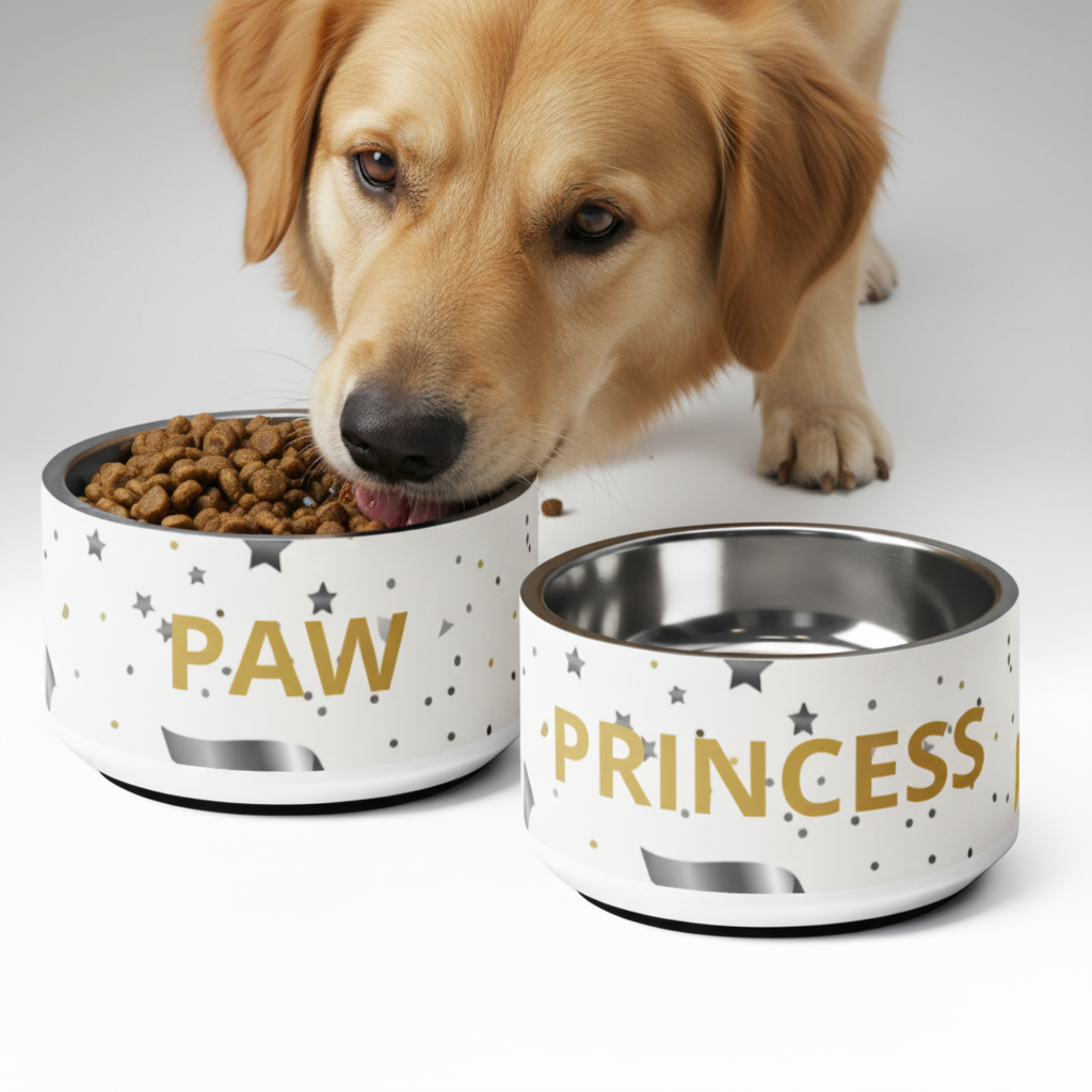 Dog eating from a 'PAW' bowl with another 'PRINCESS' bowl next to it.