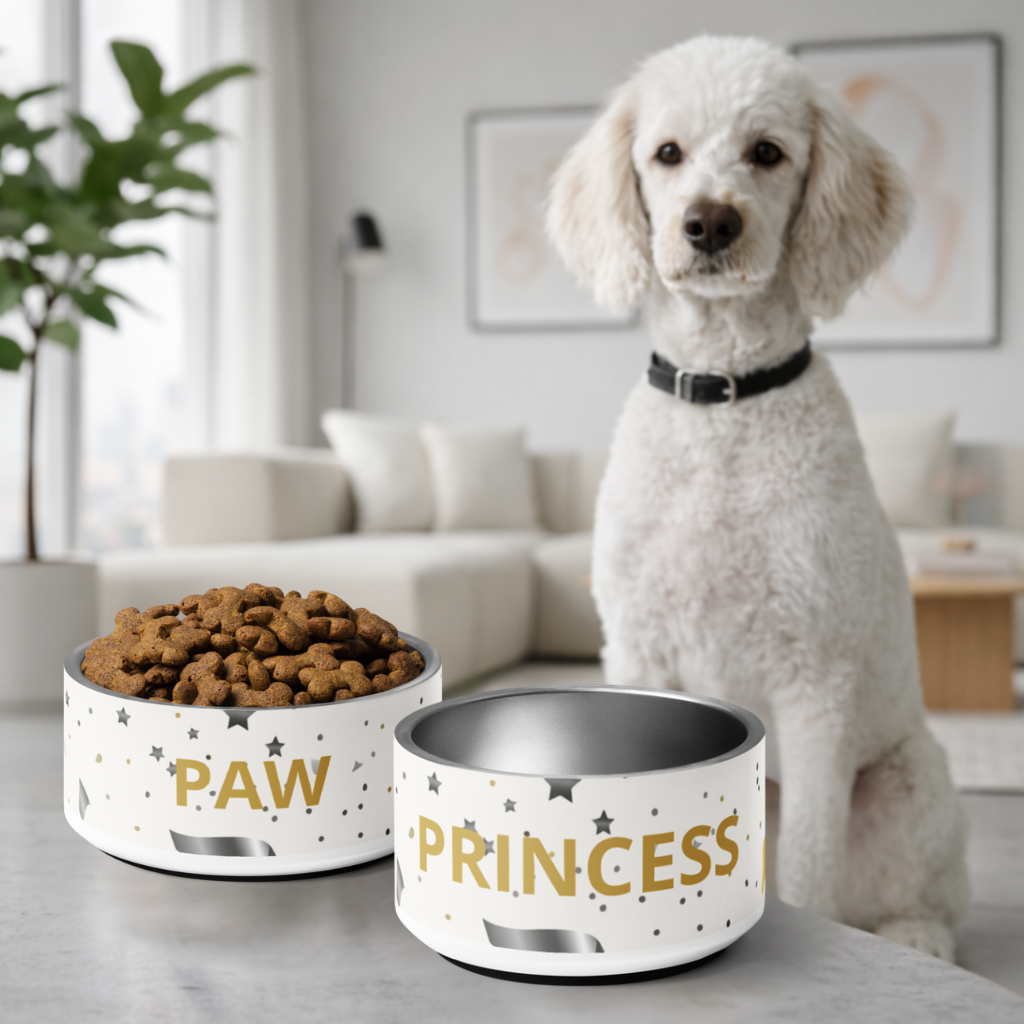 White dog sitting next to two pet bowls labeled 'Paw' and 'Princess' in a living room.