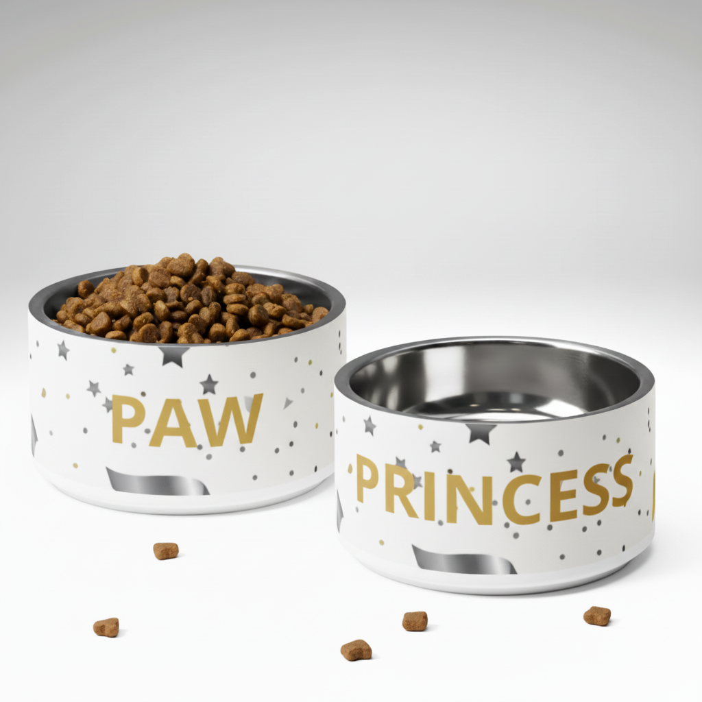 Two pet bowls, one labeled 'PAW' and the other 'PRINCESS', on a white background.