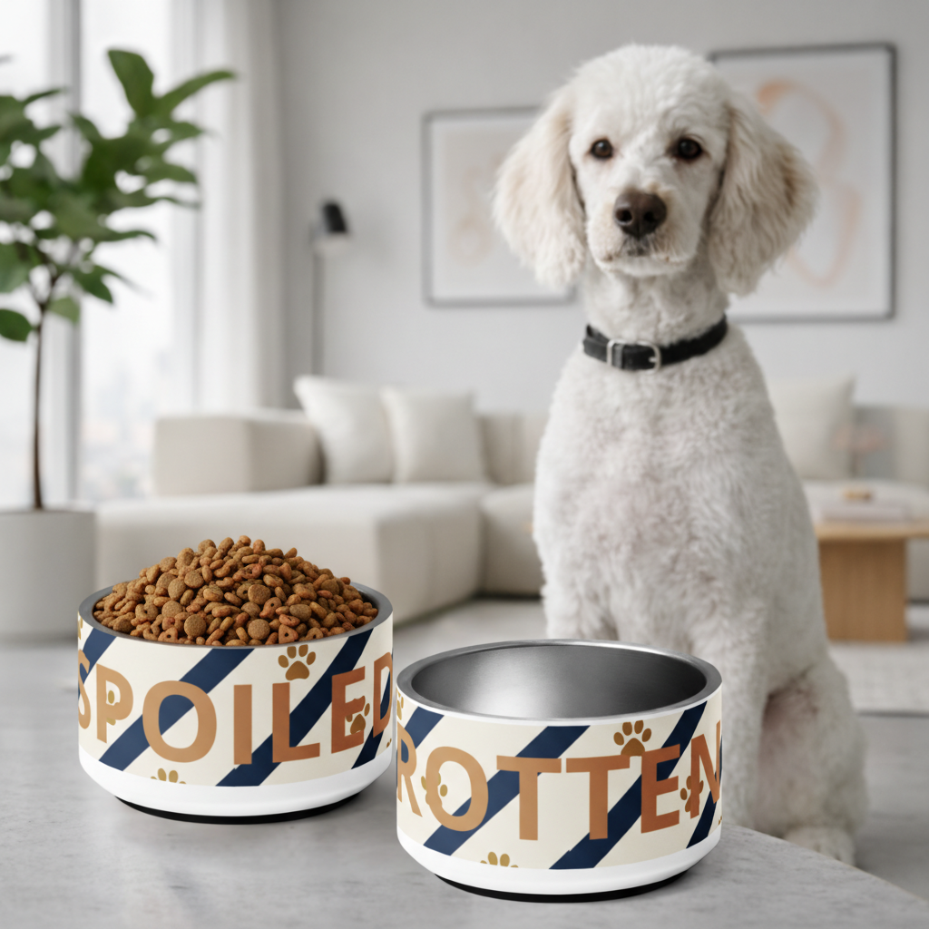 Ivory Whisper dog sitting next to two pet bowls with text in a living room setting