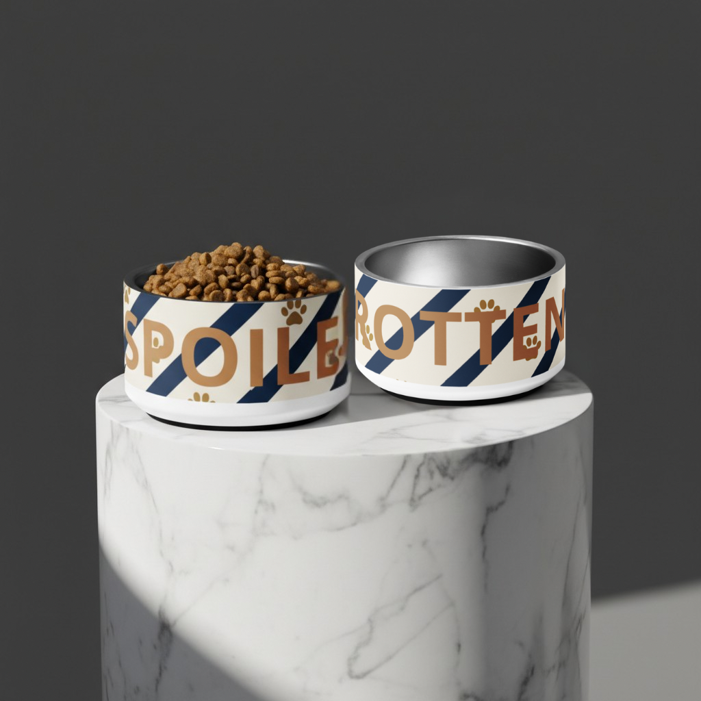 Two pet bowls with 'Spoiled Rotten' text on a marble surface.