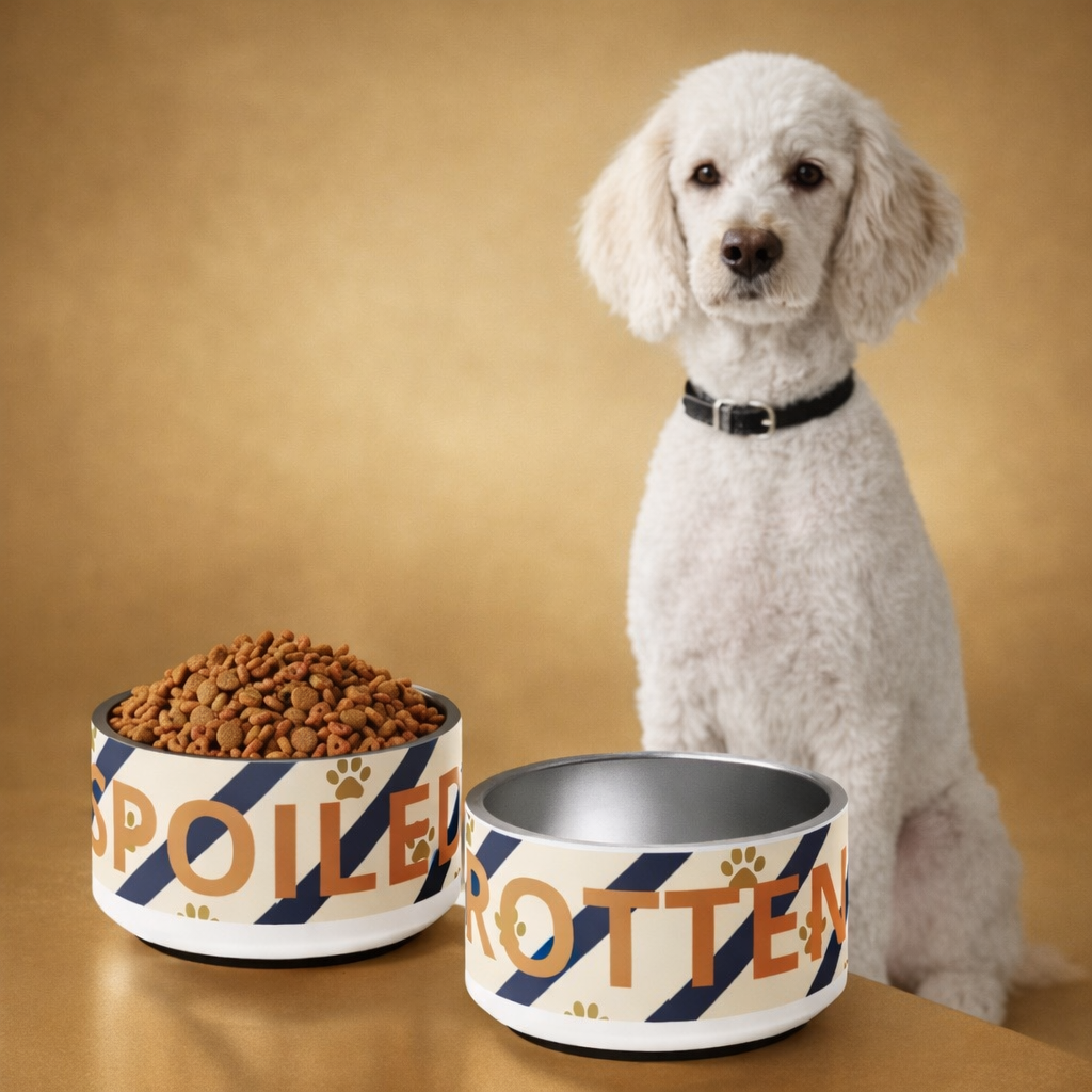 White dog sitting next to two pet bowls with text on a brown background