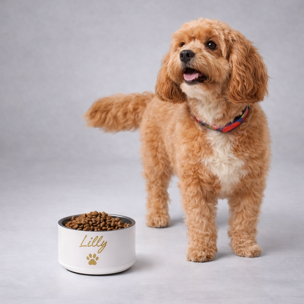 Dog standing next to a Ivory Whisper labeled 'Lilly' on a gray background 
