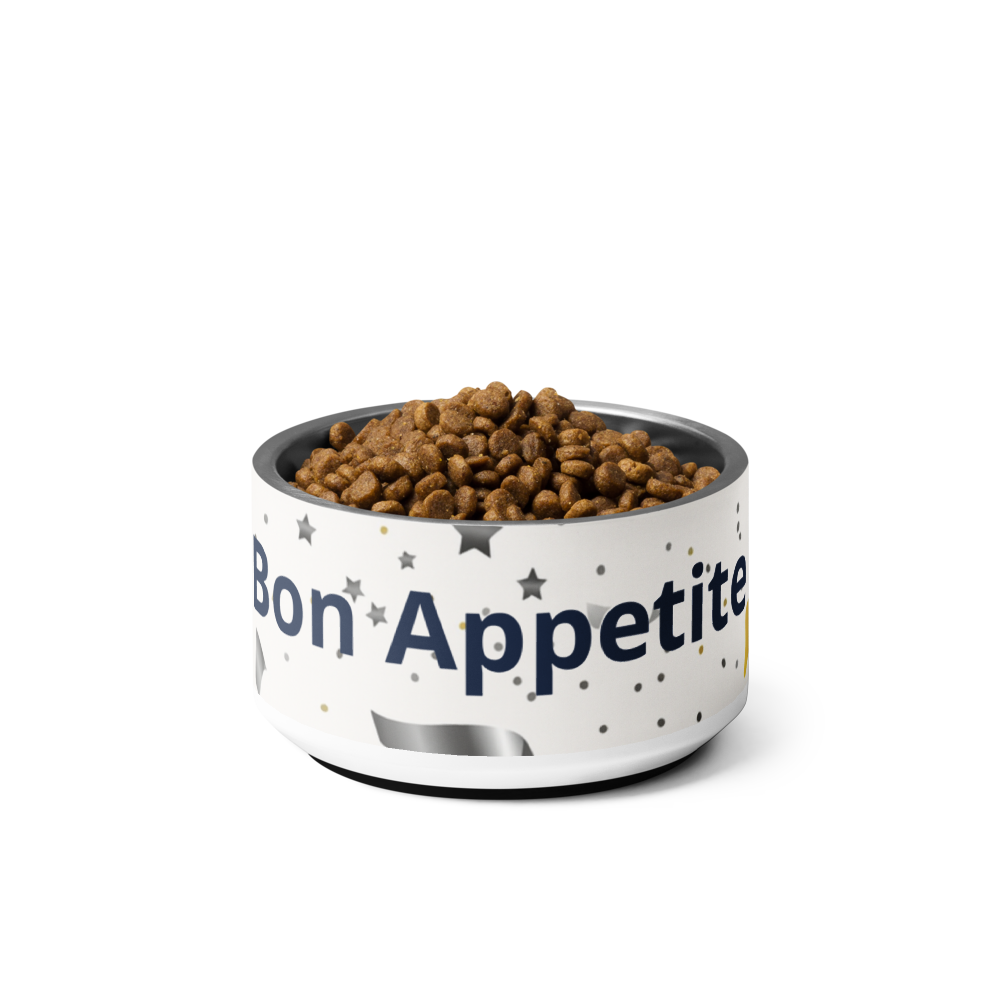 Dog food bowl with 'Bon Appetit' text on a white background