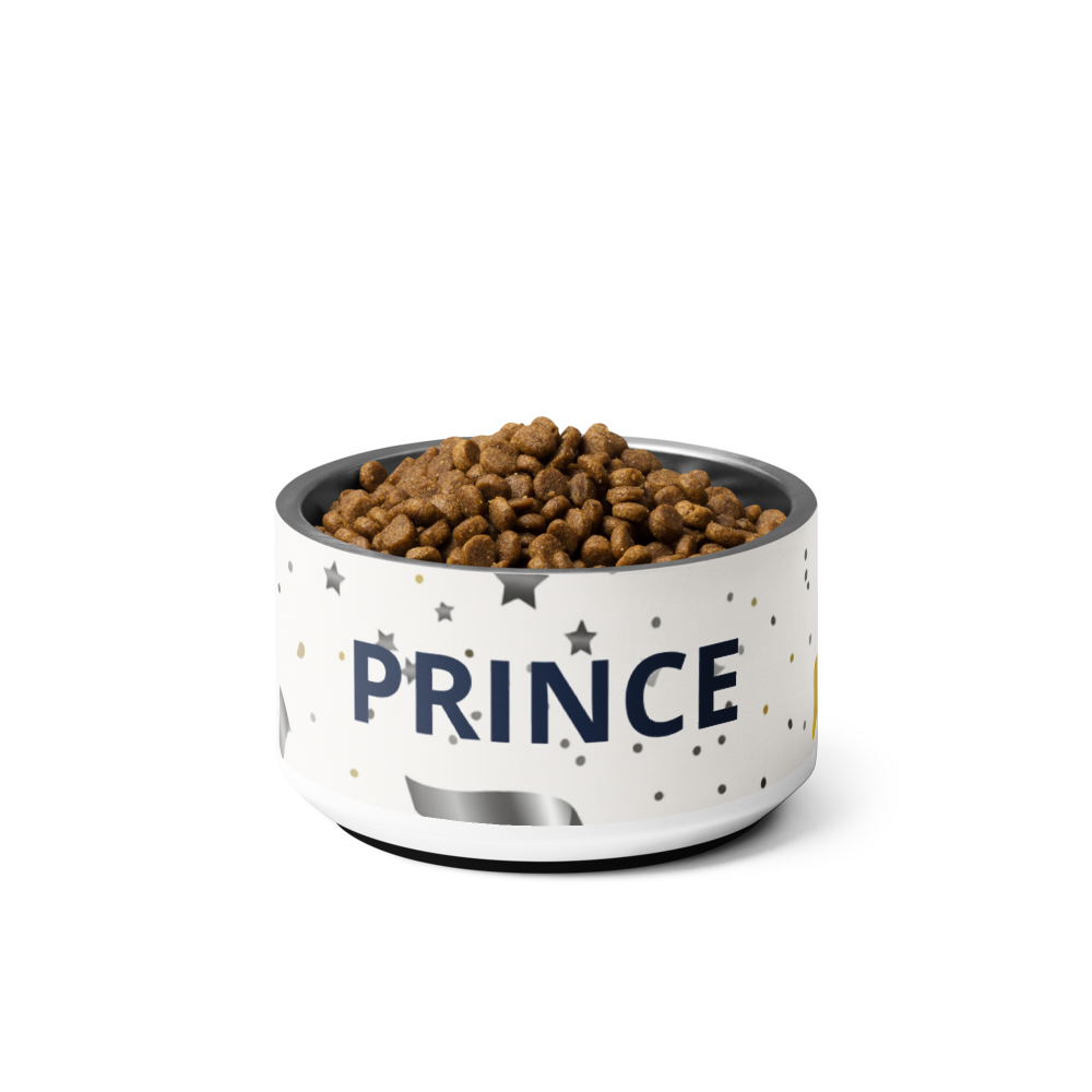 Dog food bowl labeled 'PRINCE' on a white background