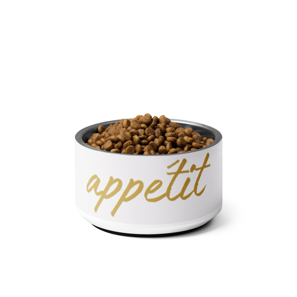 Ivory Whisper pet bowl with 'appétit' text filled with pet food on a Ivory background