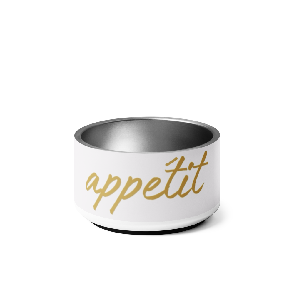 White bowl with gold 'appétit' text on a white background