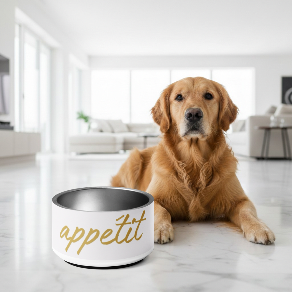 Dog lying on a marble floor next to a 'appetit' bowl in a modern living room.