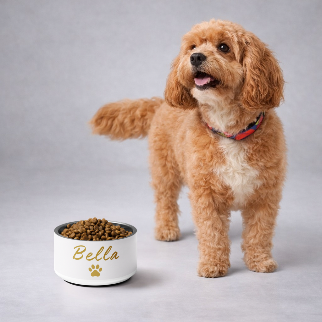 Dog standing next to a bowl of food with 'Bella' written on it against a gray background