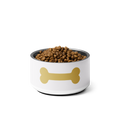 White pet bowl with a gold bone design containing pet food on a white background