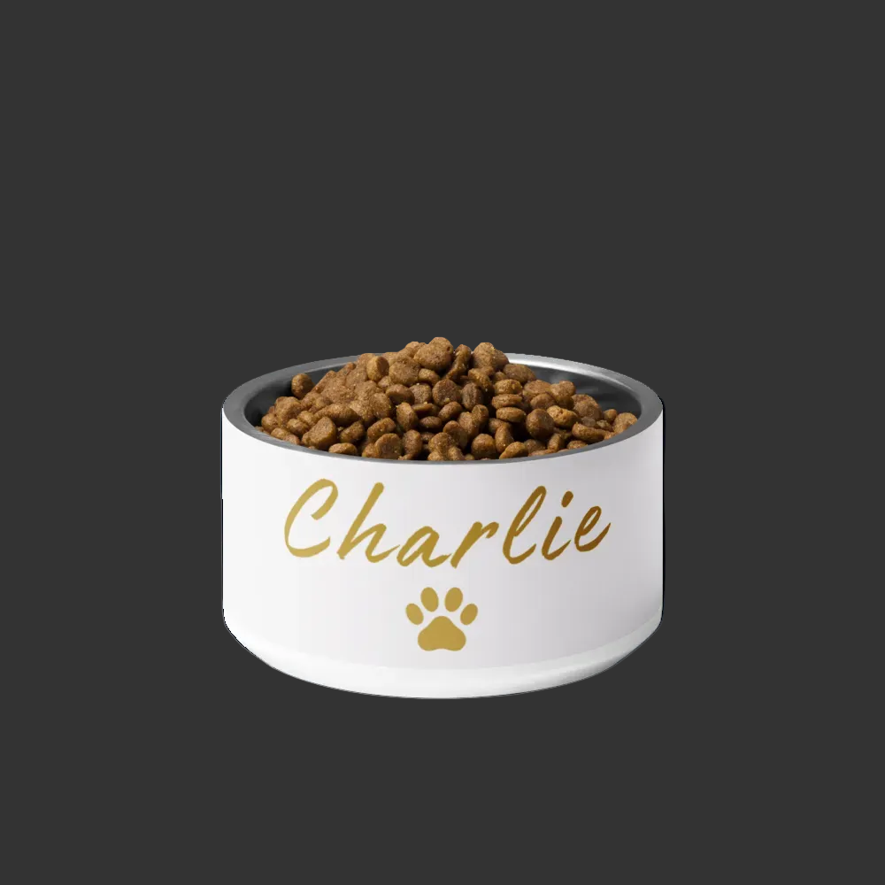ivory whisper  pet bowl with 'Charlie' and a paw print, filled with pet food on a white background