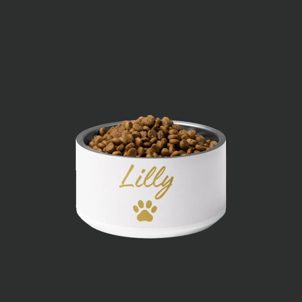White pet bowl with 'Lilly' and a paw print, filled with pet food on a white background