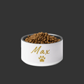 Ivory Whisper pet bowl with 'Max' and a paw print, filled with dog food on a white background