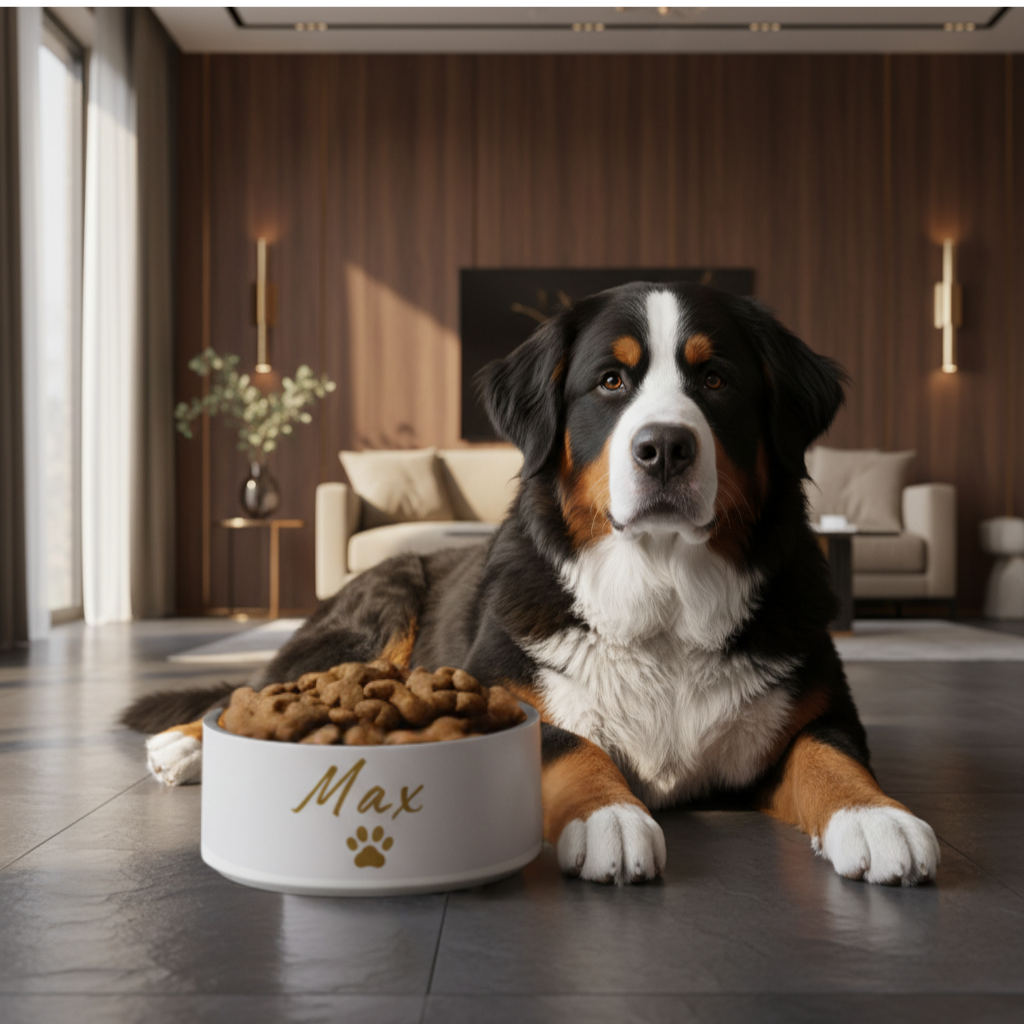 Dog lying on a wooden floor with a bowl of kibble in a modern living room.
