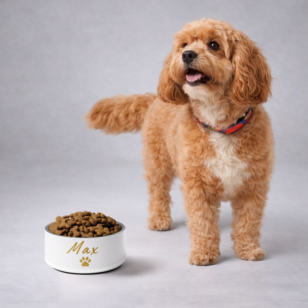 Dog standing next to a bowl of kibble with 'Max' on it against a gray background