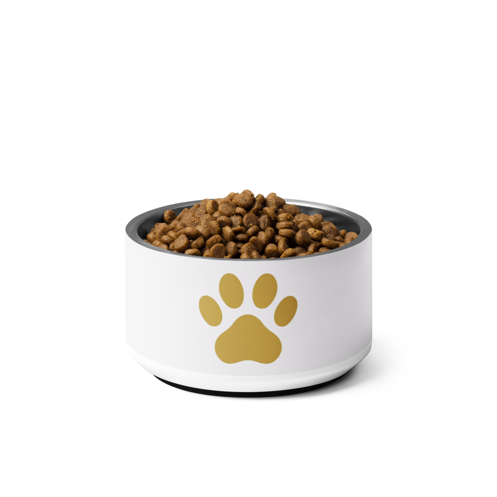 Ivory Whisper pet bowl with gold paw print and pet food on a white background