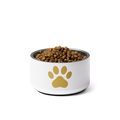 Ivory Whisper pet bowl with gold paw print and pet food on a white background