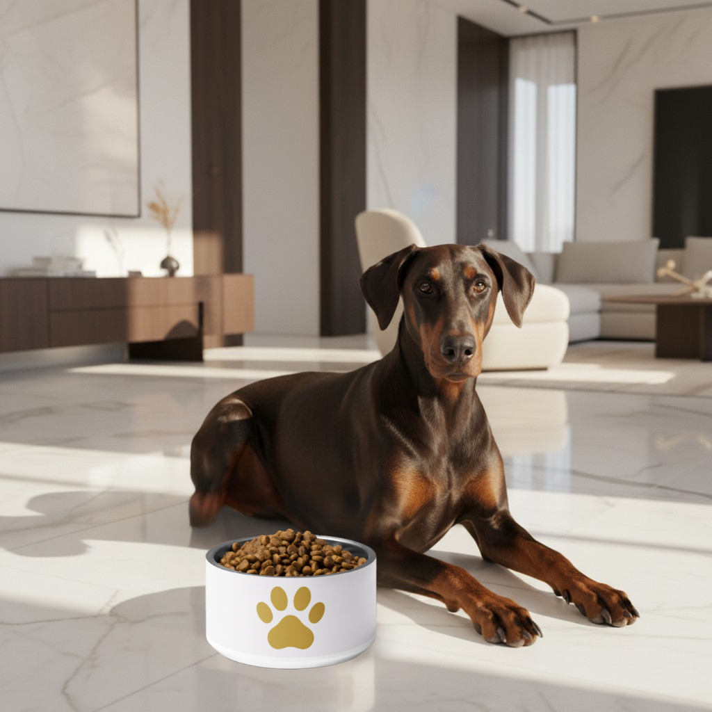Dog lying on a marble floor with a bowl of food in a modern living room.