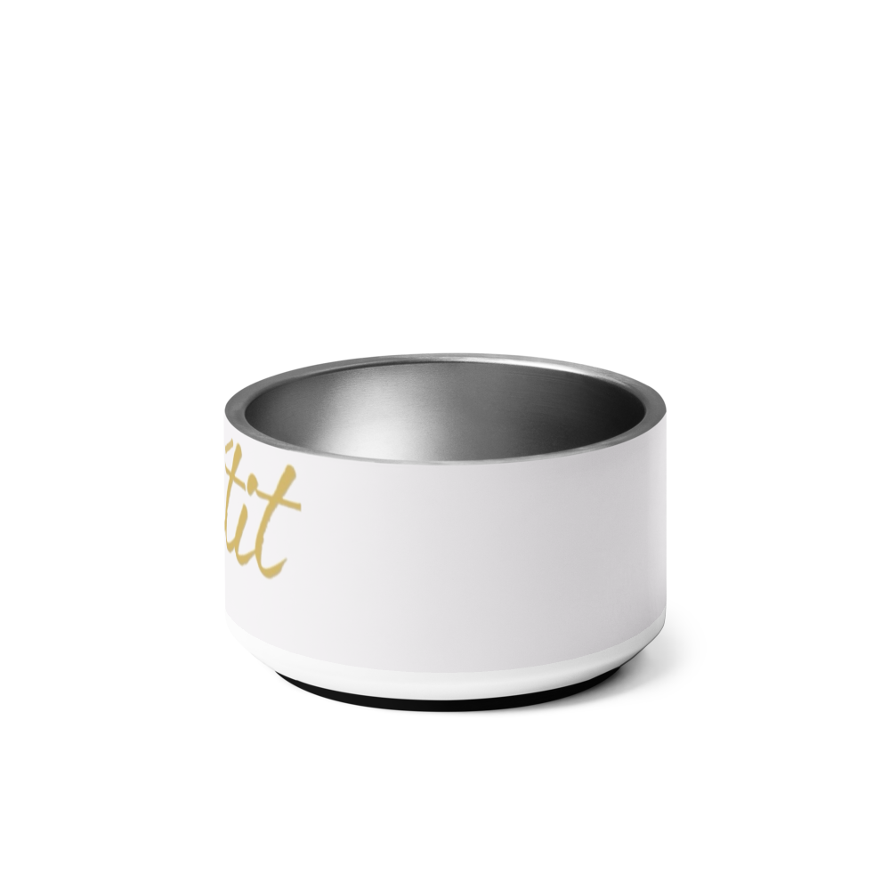 White bowl with gold text on a white background