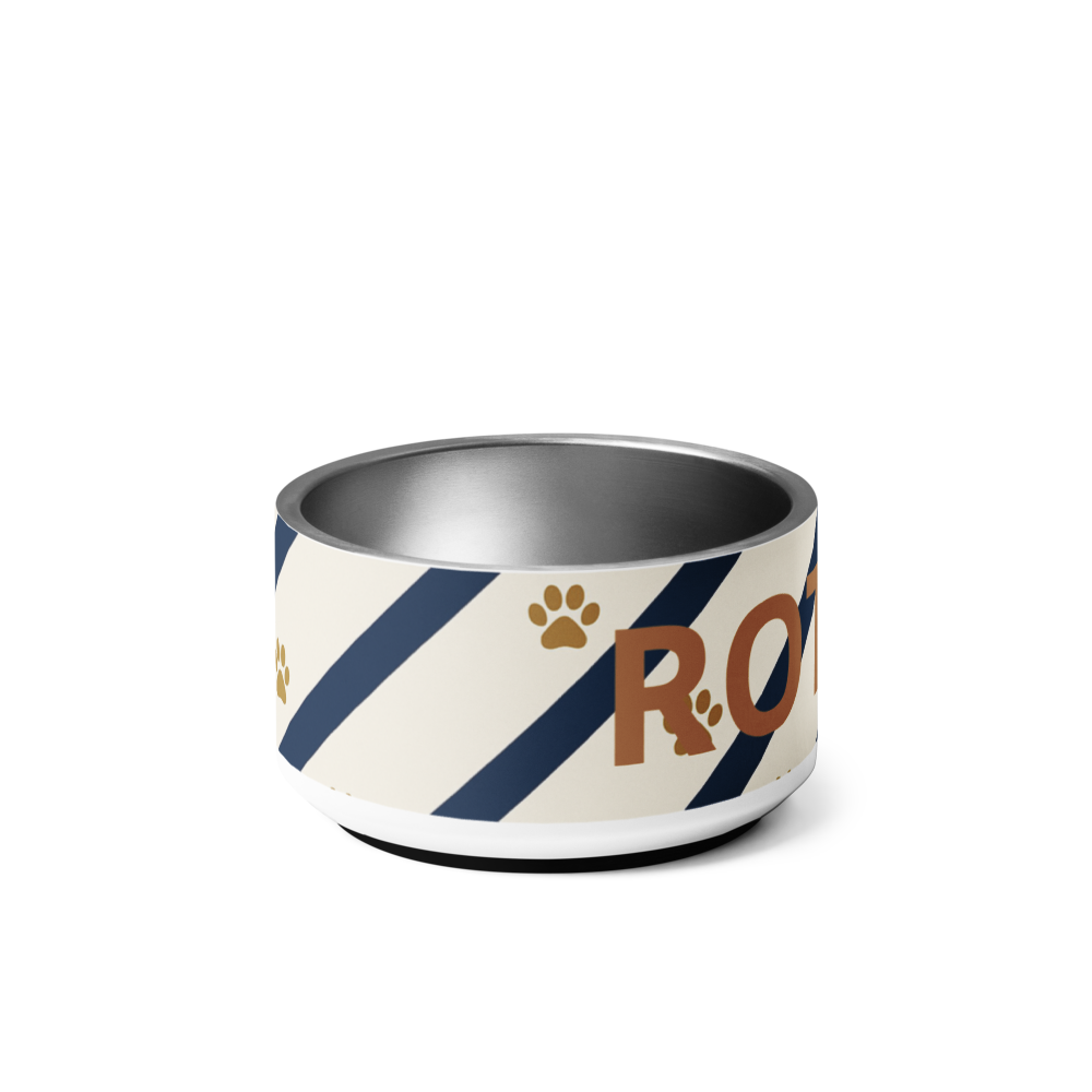 Pet bowl with striped pattern and 'Rotten”logo on a white background