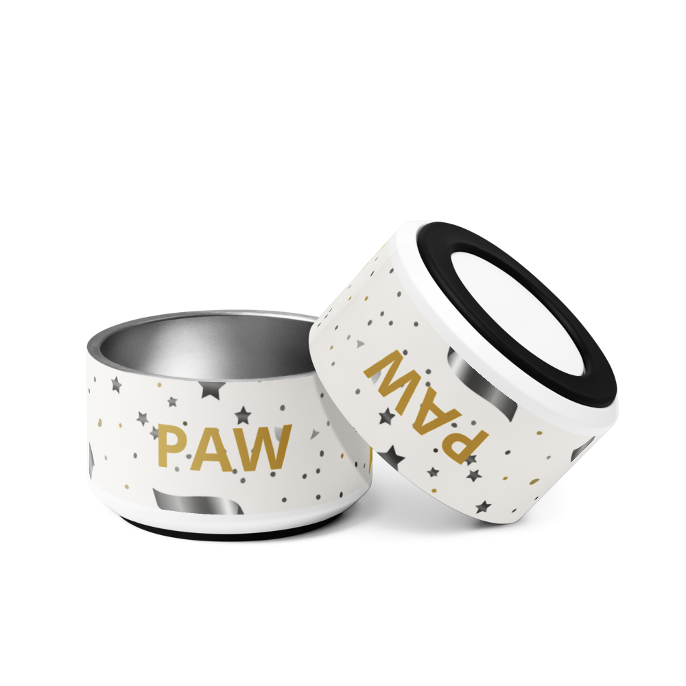 Two white pet bowls with gold 'PAW' text on a white background