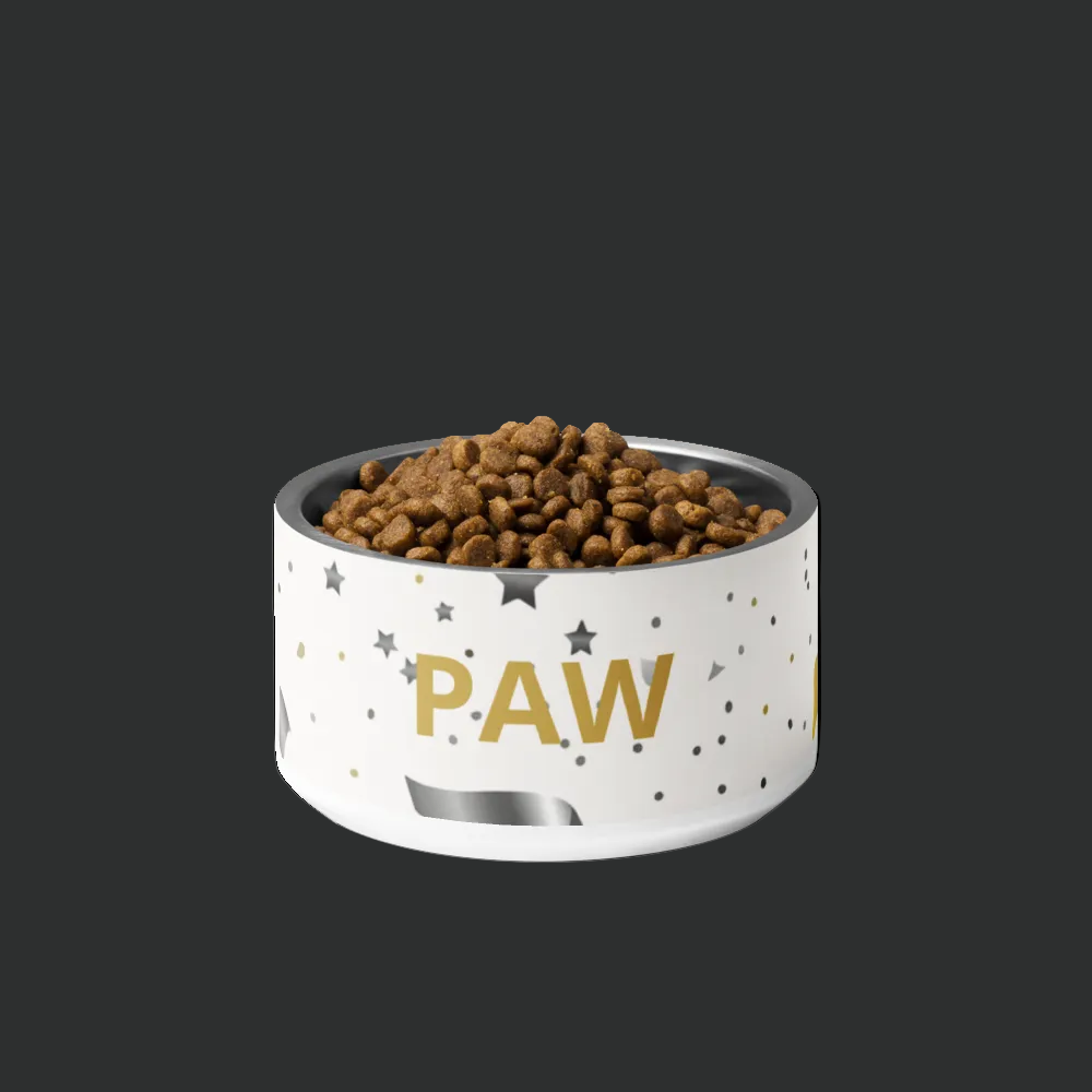 Pet food bowl with 'PAW' branding on a white background
