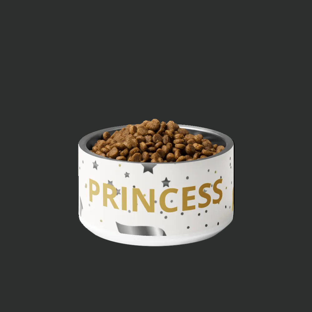 White bowl with 'PRINCESS' text filled with pet food on a black background