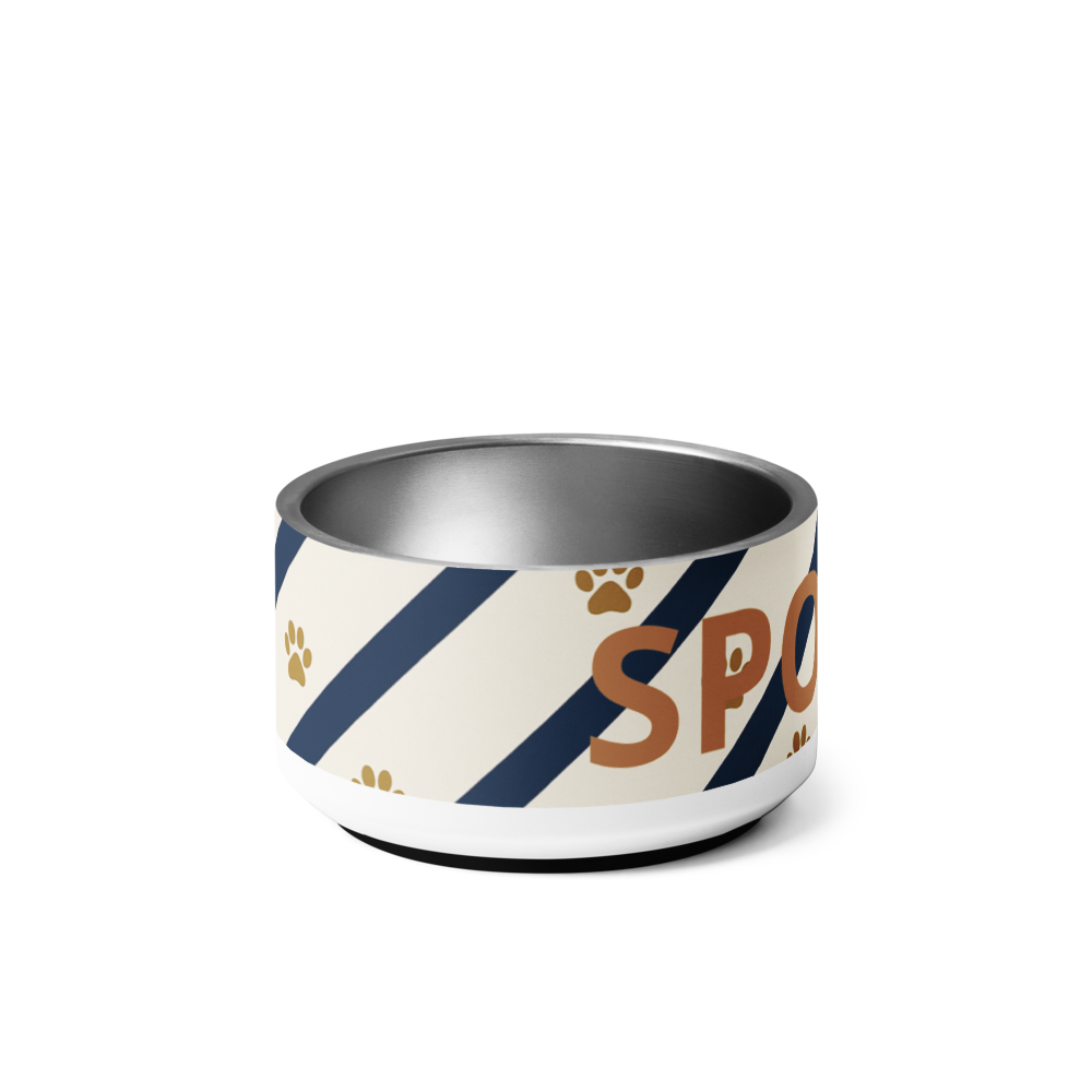 Dog bowl with striped pattern and 'SPOILED' branding on a white background