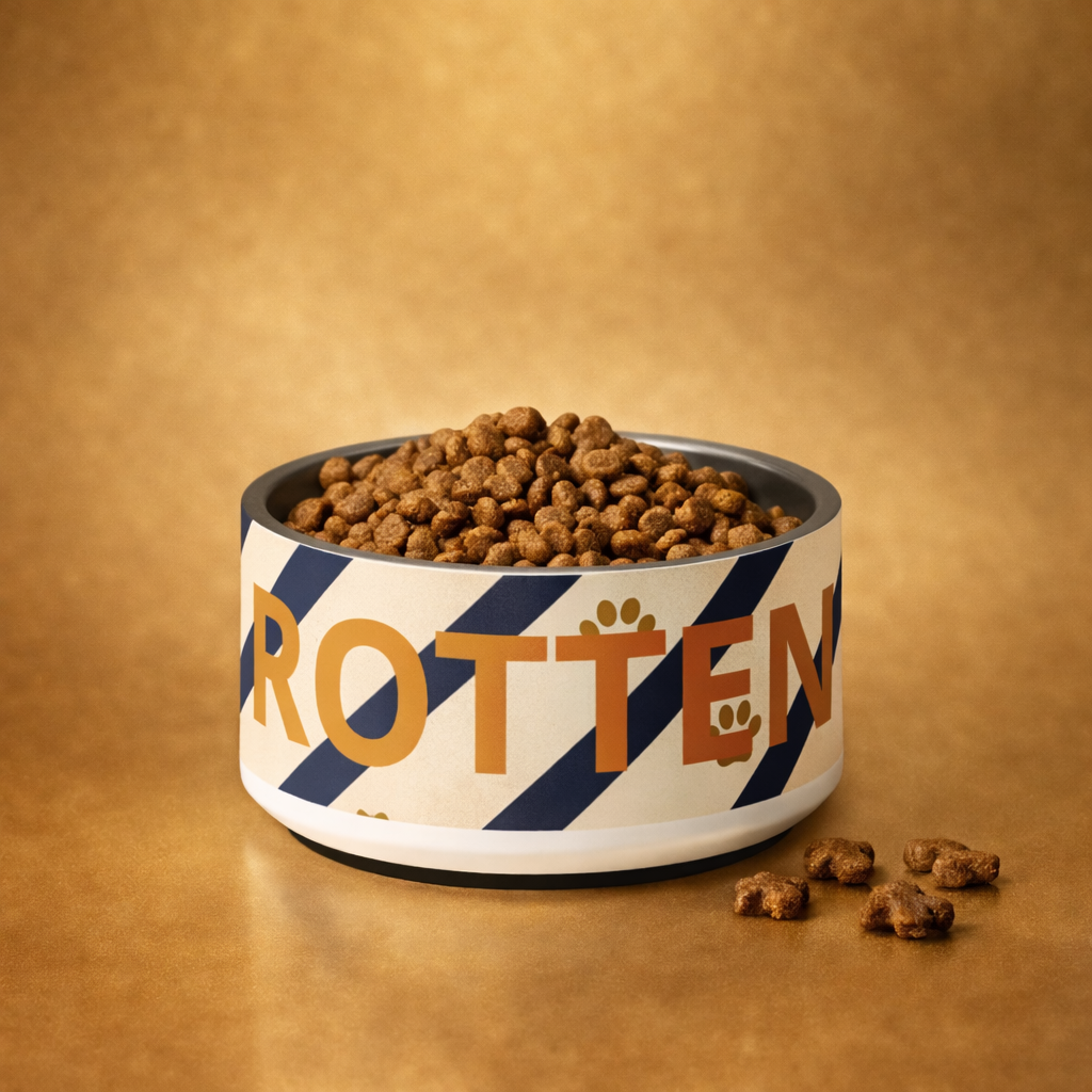Dog food bowl with 'ROTTEN' text on a brown background