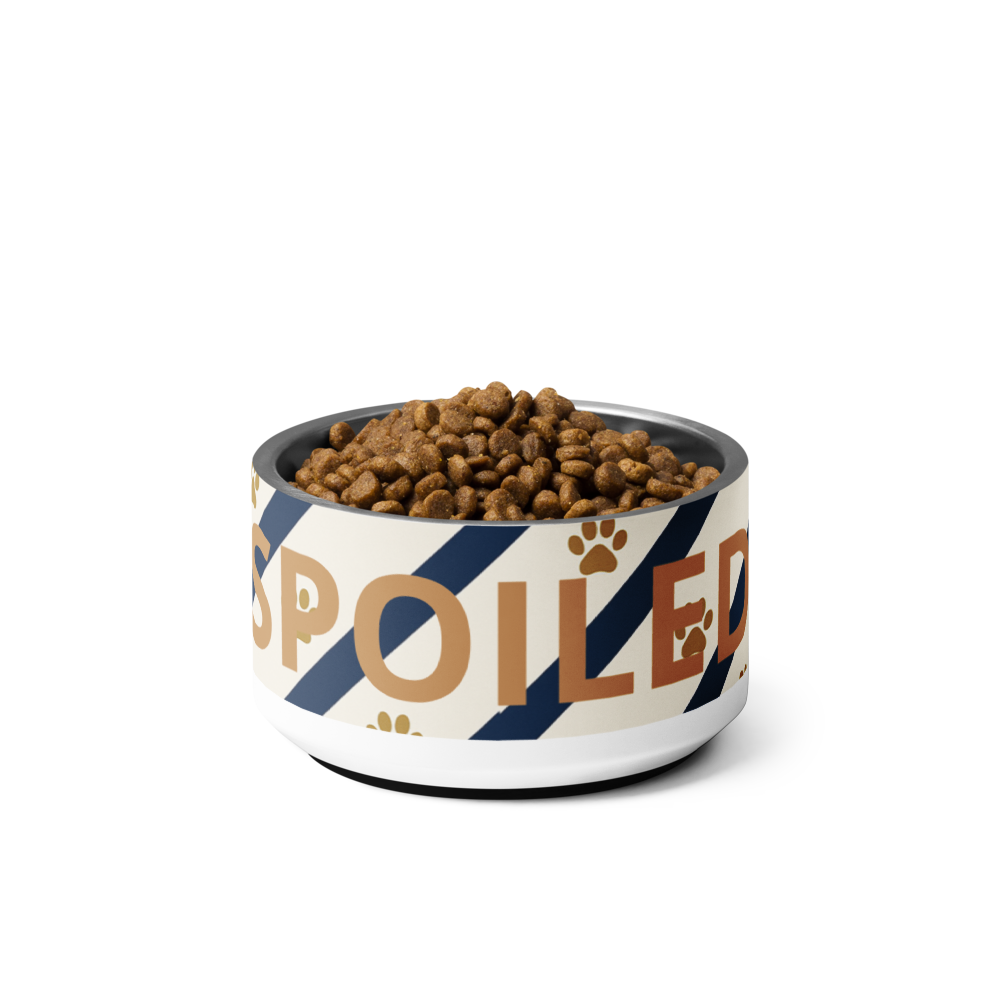 Dog food bowl with 'Spoiled' text and dog food inside on a white background
