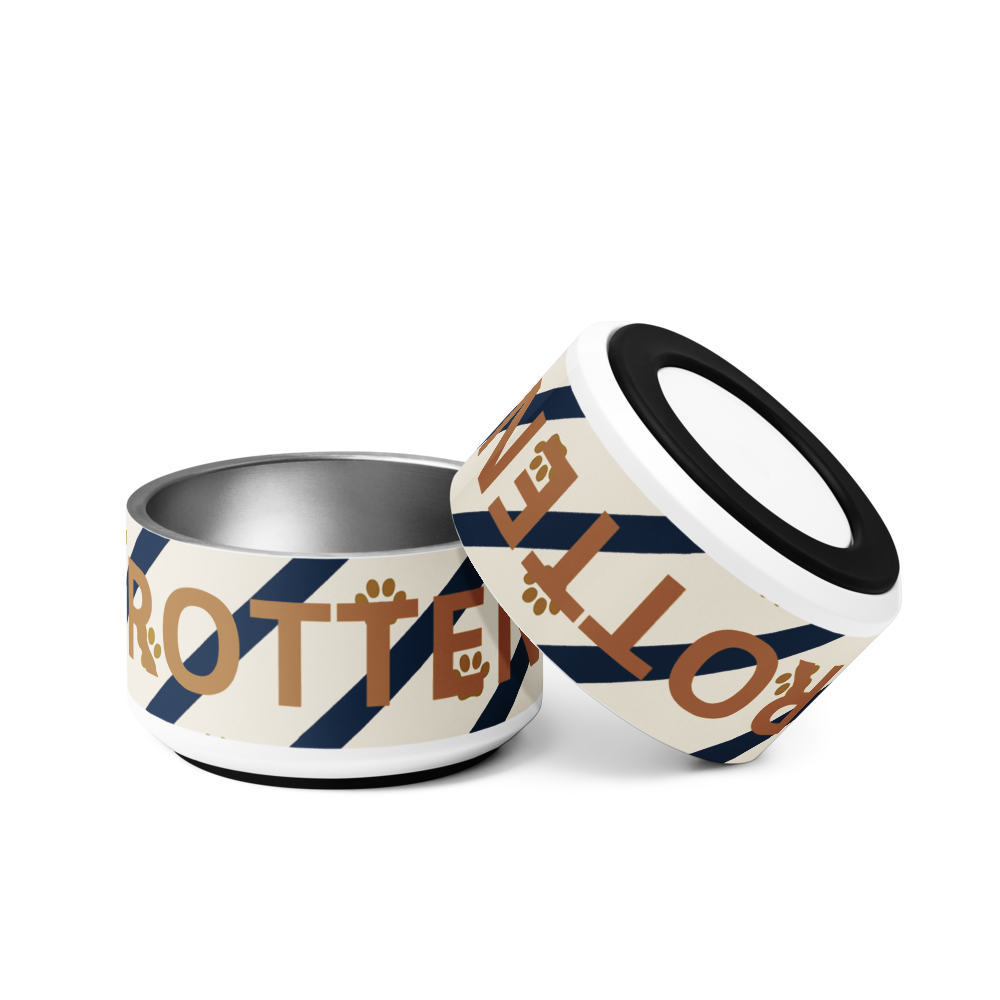 Two ceramic dog bowls with striped pattern and 'Rotten ‘branding on a white background