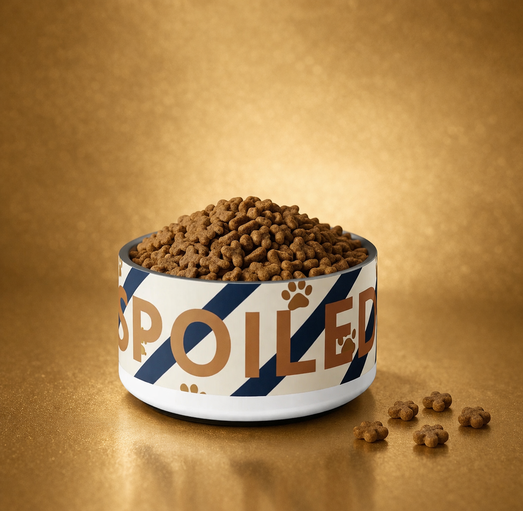 Dog food bowl labeled 'Spoiled' on a gold background