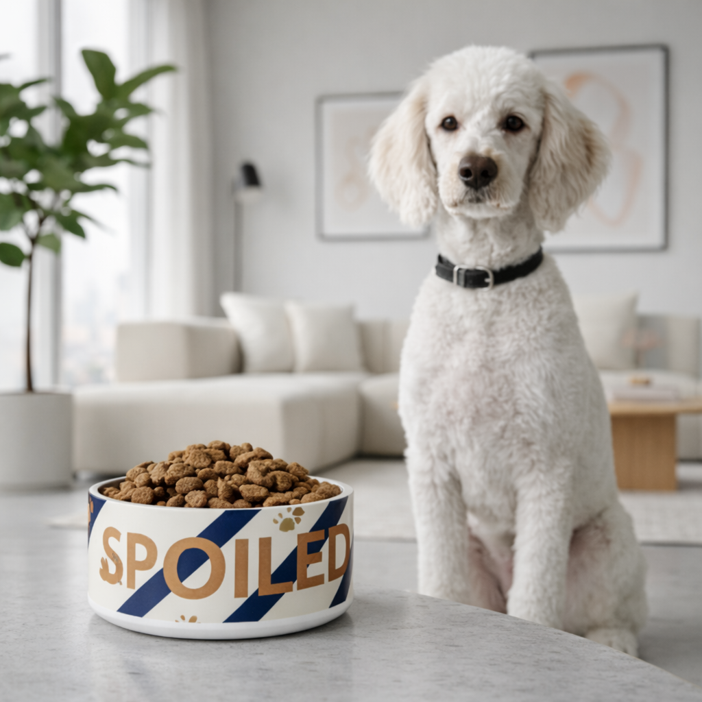 Ivory Whisper dog sitting next to a 'SPOILED' dog bowl filled with kibble in a living room.