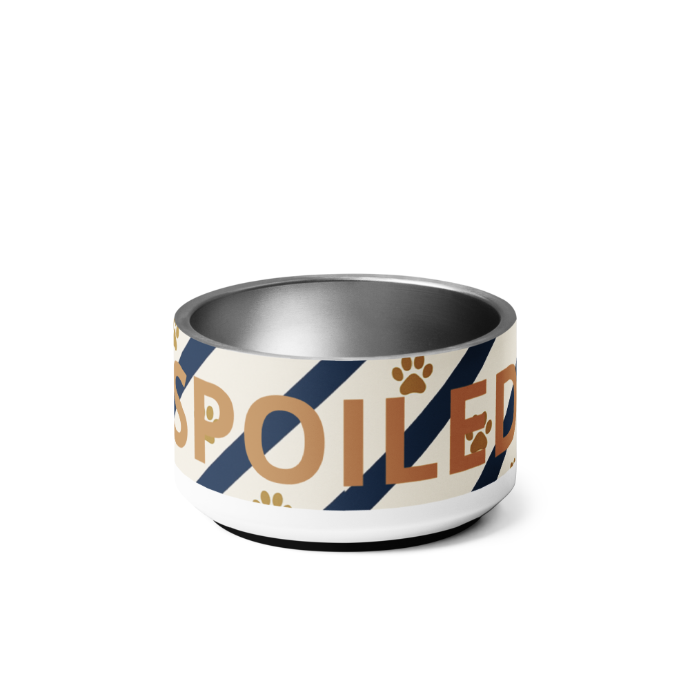 Dog bowl with 'Spoiled' text and paw print design on a white background