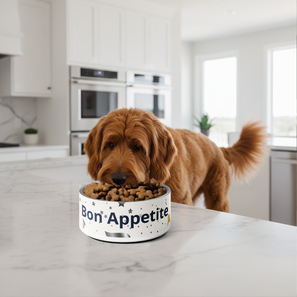 Dog eating from a 'Bon Appetite' bowl in a kitchen