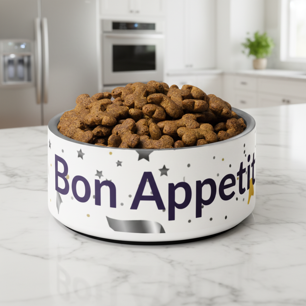 Dog food bowl labeled 'Bon Appetit' on a kitchen counter