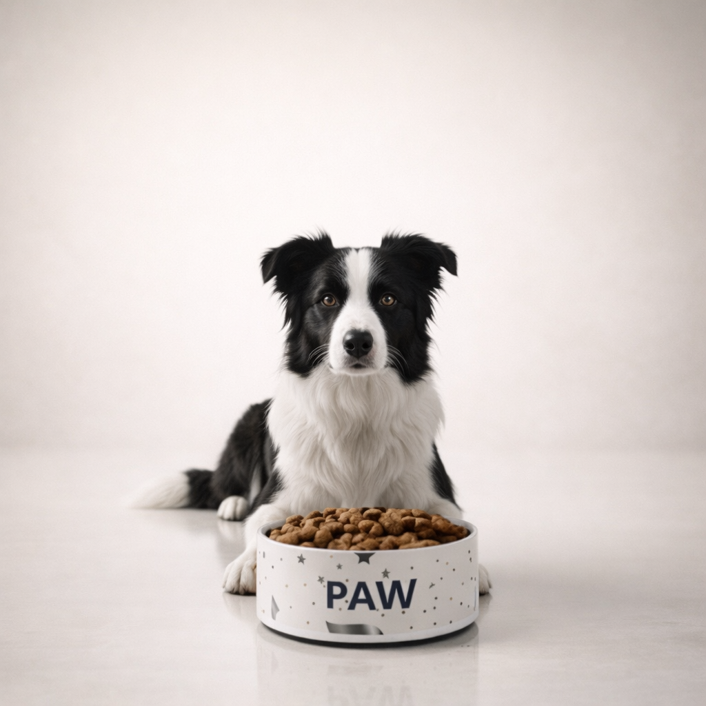 Dog sitting next to a large dog bowl filled with kibble on a white background
