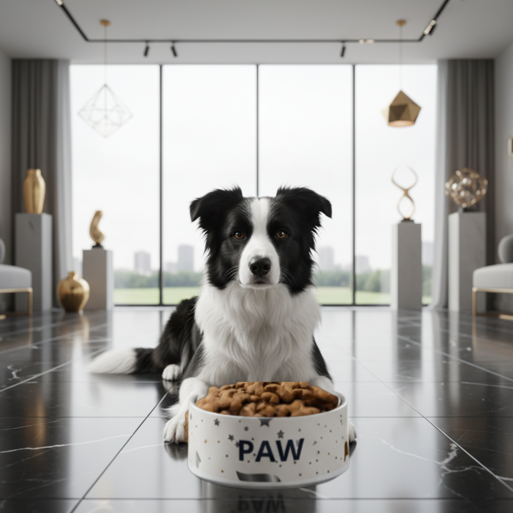 Dog sitting next to a bowl of treats on a polished floor in a modern room.