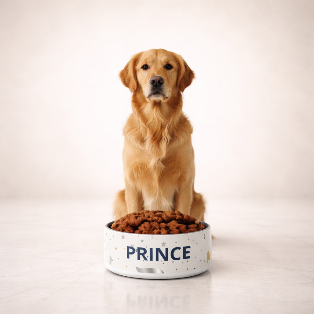 Dog sitting behind a large dog bowl filled with kibble on a white background