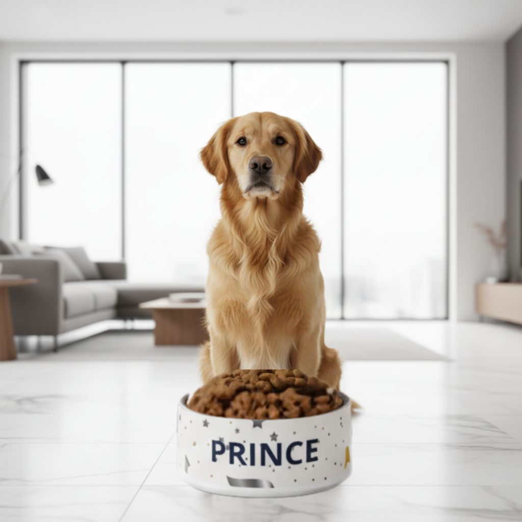 Dog sitting on a large dog food bowl with 'PRINCE' written on it in a modern living room.