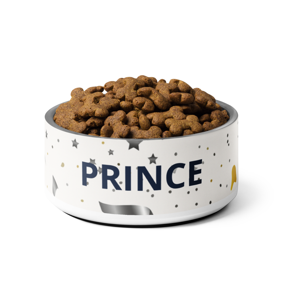 Modern bowl with 'PRINCE' printed on it, filled with dog food on a white background