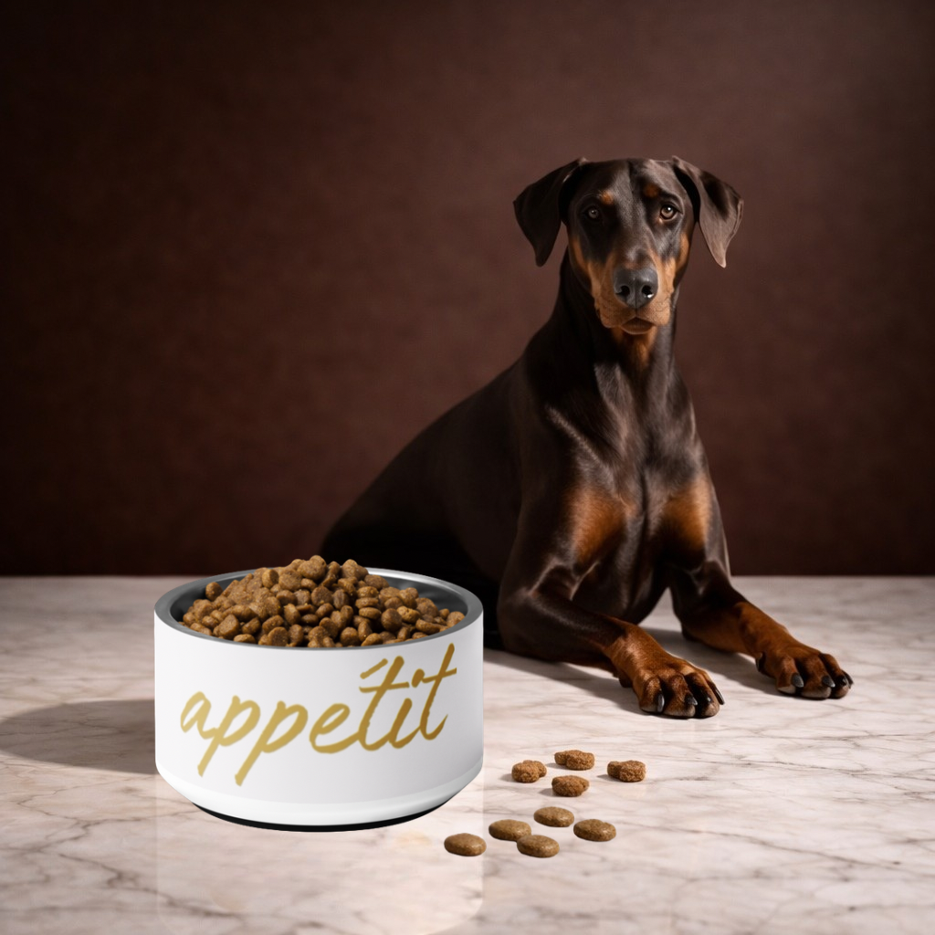 Dog sitting next to a bowl of food with 'appetit' text on a wooden surface.