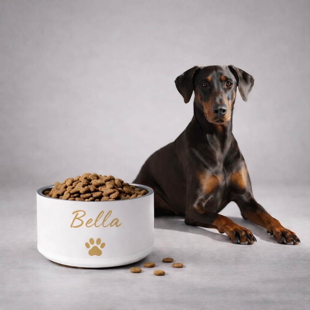 Dog sitting next to a ivory bowl labeled 'Max' filled with dog food on a gray background